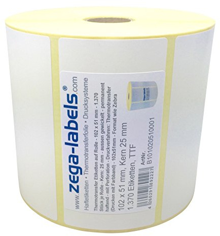 Thermotransfer Etiketten auf Rolle - 102 x 51 mm - 1.370 Stück je Rolle - Kern: 25 mm - aussen gewickelt - permanent haftend - Druckverfahren: Thermotransfer (Drucken mit Farbband)