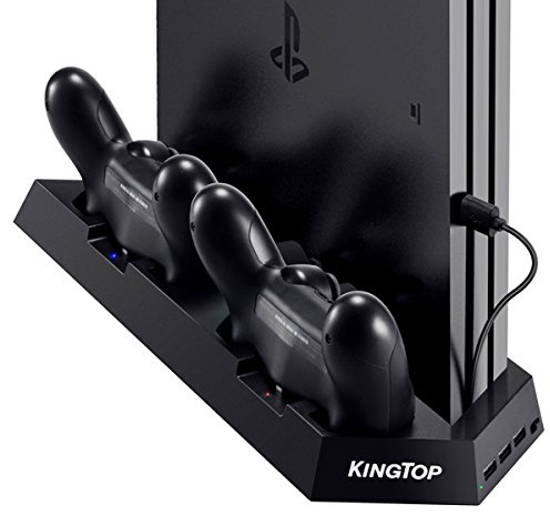 KingTop Supporto Verticale con Ventola di Raffreddamento, Stazione di Ricarica USB All-in-One per Doppia Controller PS4 con Indicatore LED