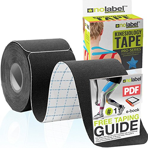 NO LABEL Black Pre Cut Kinesiology Tape - 5m Roll - Black Sports Tape - Black Medical Tape - Black Physio Tape - Black Muscle Tape For Muscle Recovery - Free PDF Ebook Taping Guide