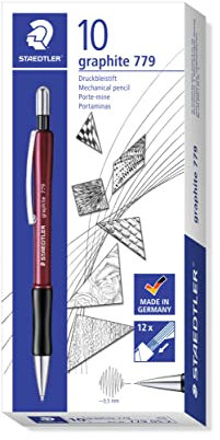 STAEDTLER 779 05-2 Druckbleistift graphite gefüllt mit B-Minen, Minendurchmesser 0.5 mm, 10 Stück im Kartonetui, rot