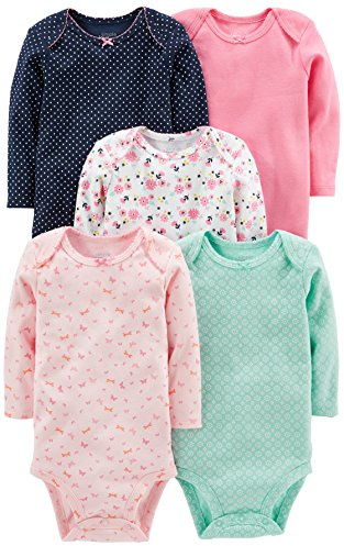 Simple Joys av Carter's baby-girls 5-pack långärmad bodysuitBodysuit, Rosa/marinblå/mintgrön, blommig, nyfödd