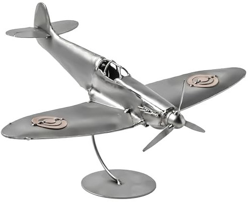 STEEMO Metall-Kunst Deko Flugzeug: Inspiriert von Supermarine Spitfire - Bürodeko, Stahl, Grau, 29x35x20 cm - Echte Handarbeit, Exklusives Sammlerstück