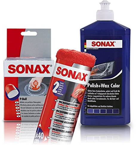 1x 500ml SONAX POLISH & WAX COLOR BLAU + P-BALL+ 2x MICROFASERTÜCHER SET