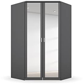 Rauch Möbel Bremen Eckschrank Kleiderschrank Schrank in Grau Metallic, Schwarz, mit Spiegel 2-türig inklusive Zubehörpaket Basic 1 Kleiderstange, 9 Einlegeböden BxHxT 117x199x117 cm