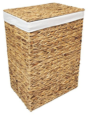 Woodluv Laundry Basket With lid Medium, Water Hyacinth Laundry Hamper, Wicker Bin Storage Organiser, Washing Basket for Dirty Clothes Bathroom, Natural, 38 x 28 x 48 (H) cm