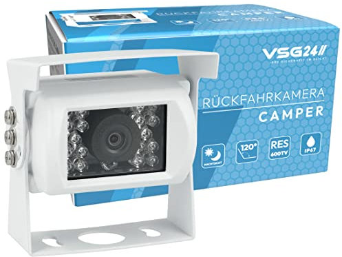 VSG24 Camper Rückfahrkamera Wohnmobil Wohnwagen/Rückfahrsystem Camera/Nachtsicht & Wetterfest/einfaches Nachrüsten Einparkhilfe Kamera hinten Frontkamera LKW Anhänger 12V-24V Set Weiß
