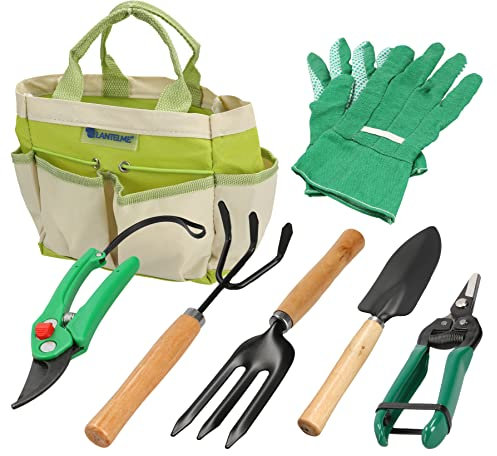 Lantelme Gartenwerkzeug Set 7 teilig mit Aufbewahrungstasche | Gartengeräte Inkl. Blumenschere Schaufel Harke Handgrubber Handschuhe | Ideal für Gärtnerinnen Gärtner Blumentopf Grabpflege
