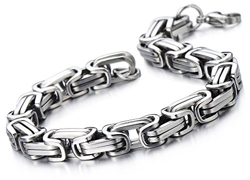 COOLSTEELANDBEYOND Men's Stainless Steel Byzantine Link Chain Bracelet with Lobster Clasp, Chunky Silver Tone Biker Punk Jewelry Gift