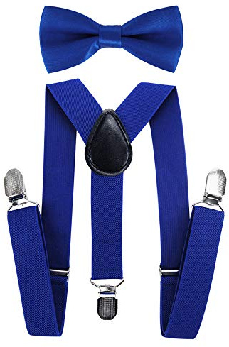 axy Hängslen för barn med flugset för barn 1–7 år, Y-form, 3 klämmor, enfärgade pojkar, hängslen, blå, One size