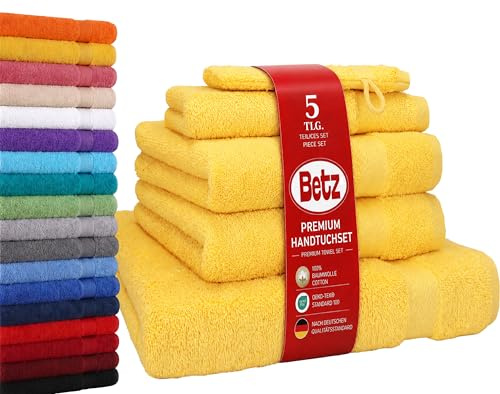 Betz 5-TLG. Handtuch-Set Premium 100% Baumwolle 1 Duschtuch 2 Handtücher 1 Gästetuch 1 Waschhandschuh gelb