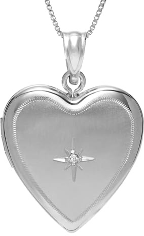 PicturesOnGold.com Sterling Silver Heart Locket W/Diamond 2/3 Inch X 2/3 Inch Sterling Silver
