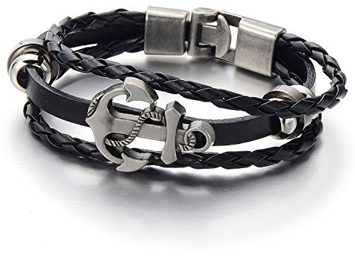 COOLSTEELANDBEYOND Anker Kreuz Multi-Strang Leder-Armband Wickeln Schweißband Jungen Herren-Armband Schwarz Geflochtenes Leder