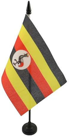 AZ FLAG Uganda Table Flag 15x10 cm 100D Polyester Plastic Base | Indoor use Ugandan 4x6 in desk flag stitched finish with reinforced edges with plastic pole