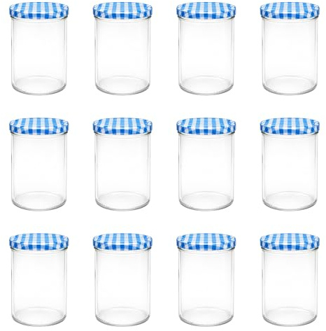 hocz 12x Einmachgläser 435 ml | mit Deckel Blau Kariert TO 82 | leere Gläser mit Schraubdeckel zum befüllen | Sturzgläser, Schraubgläser, Marmeladengläser Set | 12 Stück