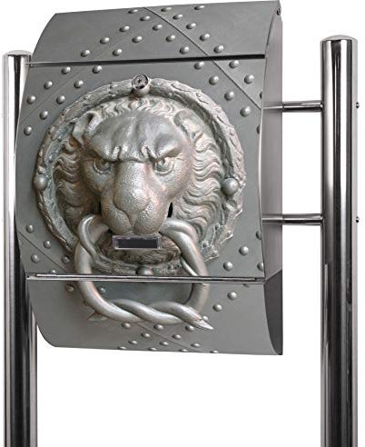 banjado® Standbriefkasten Edelstahl mit Zeitungsfach Motiv Eisentor/Briefkasten mit Standfuß/Edelstahl Briefkasten freistehend - A4 Einwurf inkl. 2 Schlüssel