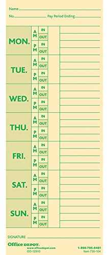 Office Depot Time Cards with Deductions, Weekly, Monday-Sunday Format, 2-Sided, 3 3/8in x 8 7/8in, Manila, pk of 100, GB-735104
