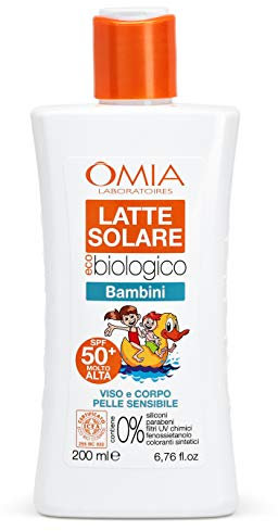 Omia, Latte Solare Eco Bio Bambini SPF 50+ Viso e Corpo, Protezione Solare Bambini Molto Alta per Pelli Delicate e Sensibili, con Olio di Mandorle e Olio di Sesamo, Dermatologicamente Testato - 200 ml