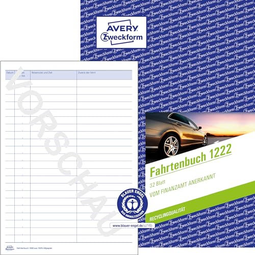 AVERY Zweckform 1222 Recycling Fahrtenbuch PKW (Finanzamt anerkannt, DIN A5 210x148mm, 64 Seiten|682 Fahrten, Deutschland & Österreich, Abgrenzung privater/geschäftlicher Fahrten) Softcover