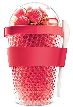 ASOBU Contenant de Gel congélateur à Double paroi pour yogourt et céréales avec cuillère 13 onces CY2GO Red
