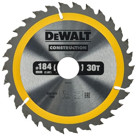 Dewalt Construction Bau-Kreissägeblatt für Handkreissägen DT1942 (184/30, 30WZ, 10°, mit Reduzierringe, für universellen Einsatz auf Handkreissägen, extrem robust & nagelfest)