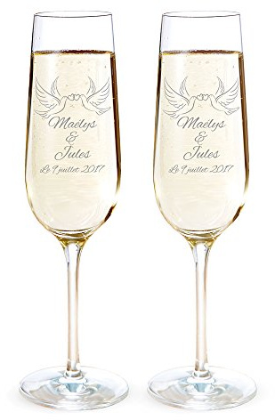 AMAVEL Set de 2 Flûtes à Champagne avec 2 Tourtereaux, Personnalisées avec 2 Prénoms et 1 Date, Volume 0,2 L