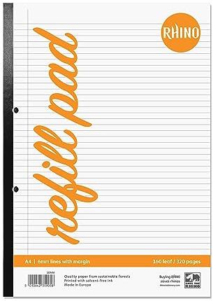 RHINO Stationery A4 Nachfüllblock, 320 Seiten, 6 mm, liniert mit Rand, Headbound Notizblock, Gelb, Schulnotizblock Premium Schreibpapier (1)