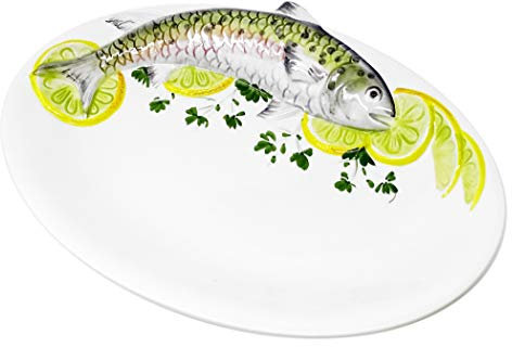 Lashuma Handgemachte Ovale Servierplatte aus Italienischer Keramik im Forellendesign, Servierteller 31x22 cm
