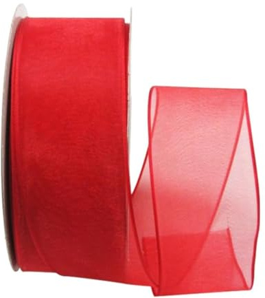Ribbon Bazaar Sheer Organza Wired Ribbon - Wire Edged Ribbon for Floral Decor, Table Arrangements, Apparel Embellishment & More - 1-1/2 Red 25yd Spool