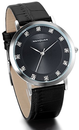 JewelryWe Herren Armbanduhr, Lieben, Elegant Casual Analog Quarz Uhr mit Schwarz Leder Armband & Strass Zifferblatt