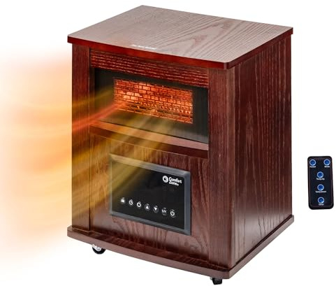 Comfort Zone Wood Cabinet Space Heater with Remote, 16 inch, Adjustable Thermostat, Digital Display, Overheat Protection, Electric, Infrared Quartz, Ideal for Home, Bedroom, & Office, 1,500W, CZ2032C