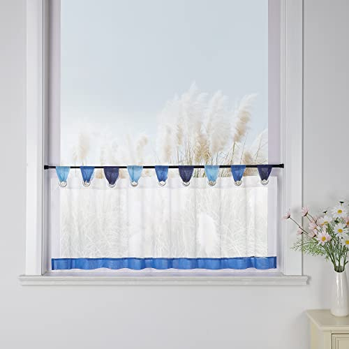 Yujiao Mao Scheibengardine Voile Küche Gardine Bistrogardine Mit Bunten Schlaufen Kleine Kaffee Vorhang Transparent HxB 45x90cm Weiß Blau 1er Pack