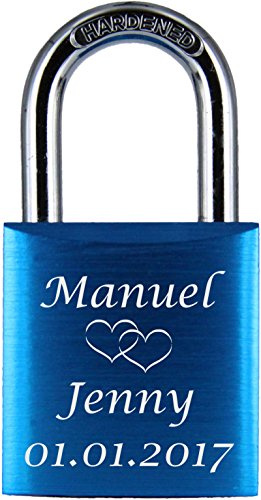 ♥ LoveGoals Liebesschloss mit Gravur | individuell graviert | Geschenk für Paare & Verliebte | hochwertige Geschenkverpackung | Schloss mit 2 Schlüsseln | Oberfläche eloxiert | Motiv M005 | (Blau)