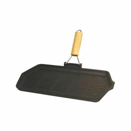 Baumalu 388017 – Grill Rettangolare, Ghisa/Manico in Legno, per Tutte Le fonti di Calore Compresa l'induzione, Nero, 33.5 x 19.5 cm