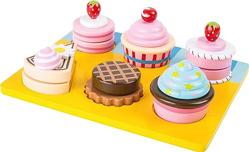10149 Cupcakes e torte da tagliare small foot in legno, con chiusure a strappo in velcro per combinazioni personalizzate, a partire da 3 anni.