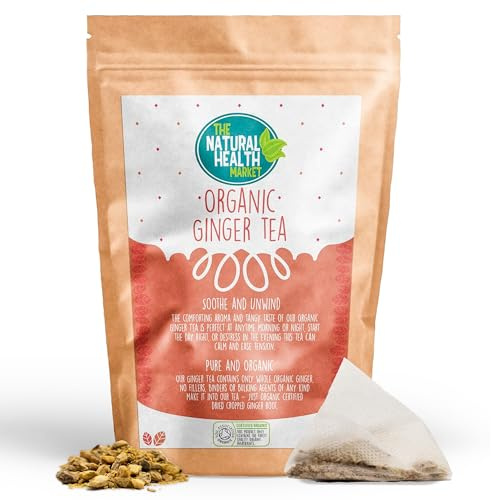 The Natural Health Market, Organic Ginger Tea Bags - 50 Count | Digestive Support & Metabolism Boost | Made in Britain | Climate Pledge Friendly | Herbal & Vegan Tea with Compostable Pyramid Bags