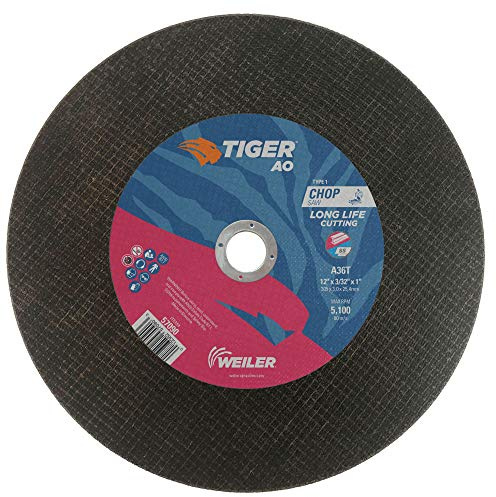 Weiler 57090 12-Inch Cutting Wheel, Tiger AO Steel/Metal Long Life, Performance Cutting, 3/32 A36T Type 1 1 Arbor (Pack of 10)