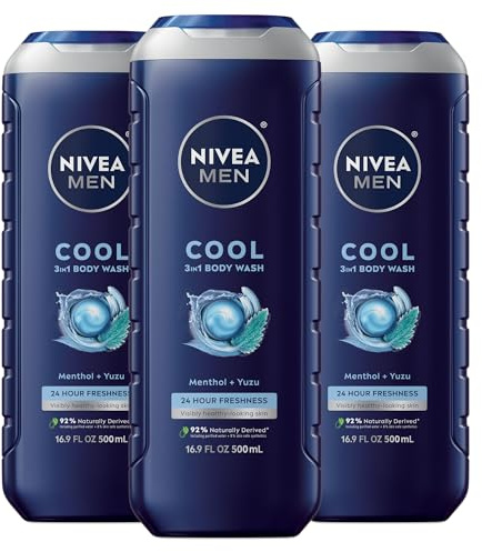 NIVEA MEN Cool Body Wash, Icy Menthol and Yuzu Scent, 3-in-1 Men's Body Wash, Face and Hair, Paraben Free, pH-Skin Friendly, 16.9 Fl Oz Bottle, Pack of 3