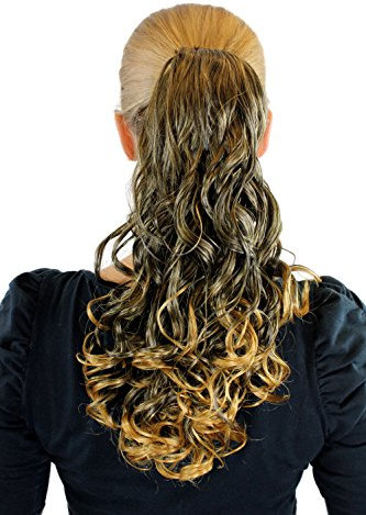 Haarteil Zopf Schwarz-Blond-Mix ca. 35cm gelockt Butterfly-Clip On JL-0022-2T16