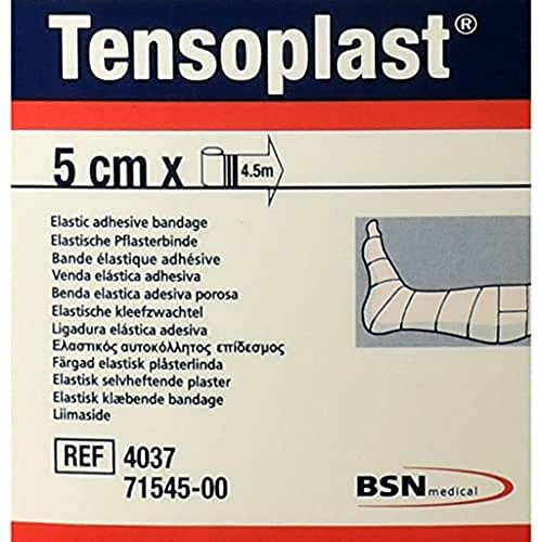 BSN - Benda Elastica Adesiva Tensoplast, Bordi Morbidi e Materiale Adesivo Poroso, Riga Centrale Gialla, Misura 4,5 m x 5 cm, 1 pezzo