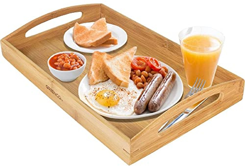 Greenco Rectangle Bamboo Butler Serving Tray with Handles - Bed Trays for Eating - Bed Tray - Breakfast Tray