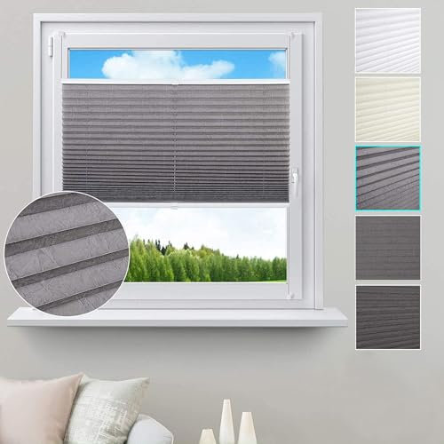 WOLTU Plissee ohne Bohren Klemmfix Faltrollo Jalousie Grau 65x220cm (BxH), Plisseerollo Crushed Optik Sichtschutz und Sonnenschutz Easyfix lichtdurchlässig Rollo für Fenster & Tür