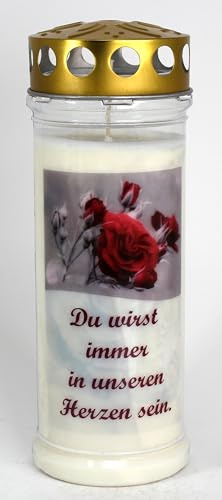 Grabkerze mit Spruch und Motiv Rose, (21x7,5 cm) Grablicht mit 7 Tage Brenndauer (3786), Wetterfestes Trauerlicht mit Deckel, Hochwertige Trauerkerze, Edle Gedenkkerze aus Deutschland