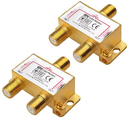 Cable Matters 2-Pack Bi-Directional 2.4 Ghz 2 Way Coax Splitter - TV Aerial & Satellite Signal Distribution - All Port Power Passing - Gold Plated & Corrosion Resistant