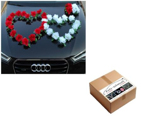 DOPPEL Herz Auto Schmuck Braut Paar Rose Deko Dekoration Autoschmuck Hochzeit Car Auto Wedding Deko Ratan (Rot/Reinweiß)