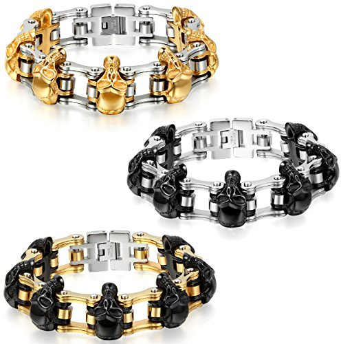 JewelryWe Schmuck 3pcs Herren Armband, Edelstahl, Gotik Totenkopf Schädel Fahrradkette Biker Link, Gold Schwarz Silber