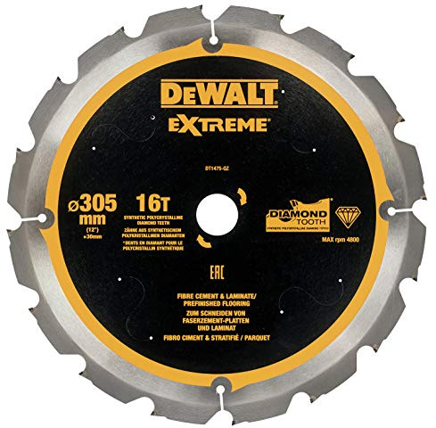 Dewalt Faserzement-Kreissägeblatt DT1474 (305/30 mm, 16 Zähne, 12°, speziell für Faserzement-Platten und Laminat entwickelte Kreissägeblätter) 1 Stück