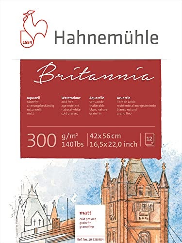 Hahnemühle Britannia Aquarellblock, mattes naturweißes Aquarellpapier, 300 g/m², 12 Blatt, 42 x 56 cm