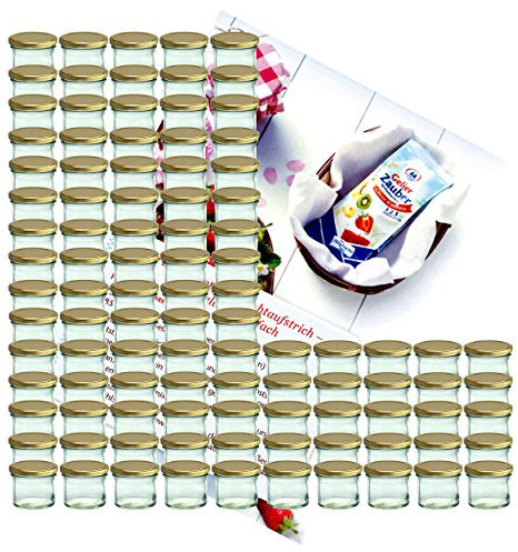 MamboCat 100 barattoli per marmellata in vetro da 125 ml con coperchi dorati a 66 + ricettario Diamant-Zucker Gelierzauber