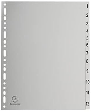 Exacompta - Réf. 2912E - Carton de 10 Intercalaires gris en polypropylène recyclé avec 12 onglets imprimés numériques de 1 à 12 - Format à classer A4 maxi - Dim 24,5 x 29,7 cm - certifiés Ange Bleu