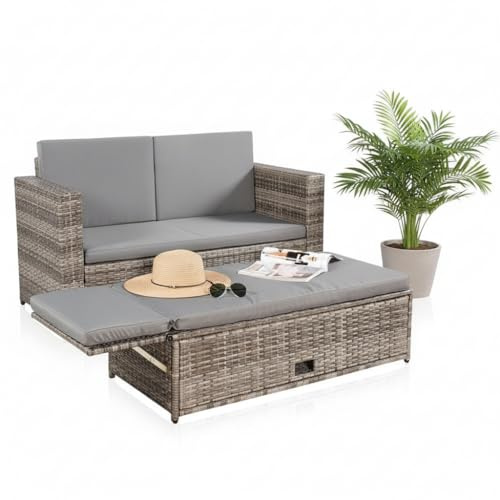 Melko Gartenlounge Lounge Set Polyrattan mit Tisch, Fußbank und Kissen Grau | Ottomane mit Stauraum, wasserabweisende abnehmbare Bezüge, Gestell aus pulverbeschichtetem Stahl, für Balkon und Terrasse